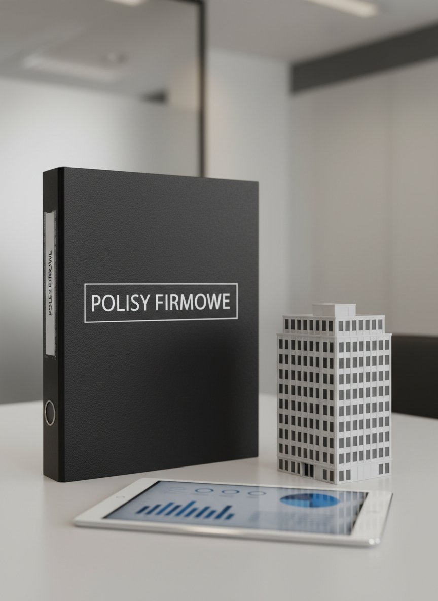 A tidy corner of a modern office desk dedicated to business insurance shows a sleek black folder labeled in Polish for company policies, next to a small, detailed architectural model of an office building in neutral white tones. A tablet lies flat nearby, its screen displaying a blurred business analytics dashboard with blue and gray charts. Overhead, soft studio lighting creates even, shadow-free illumination, highlighting the textures of paper, plastic, and glass. The mood is confident and corporate, with a clean, minimalist aesthetic. Photographic realism, eye-level perspective, and moderate depth of field emphasize professionalism and comprehensive protection for companies and entrepreneurs.