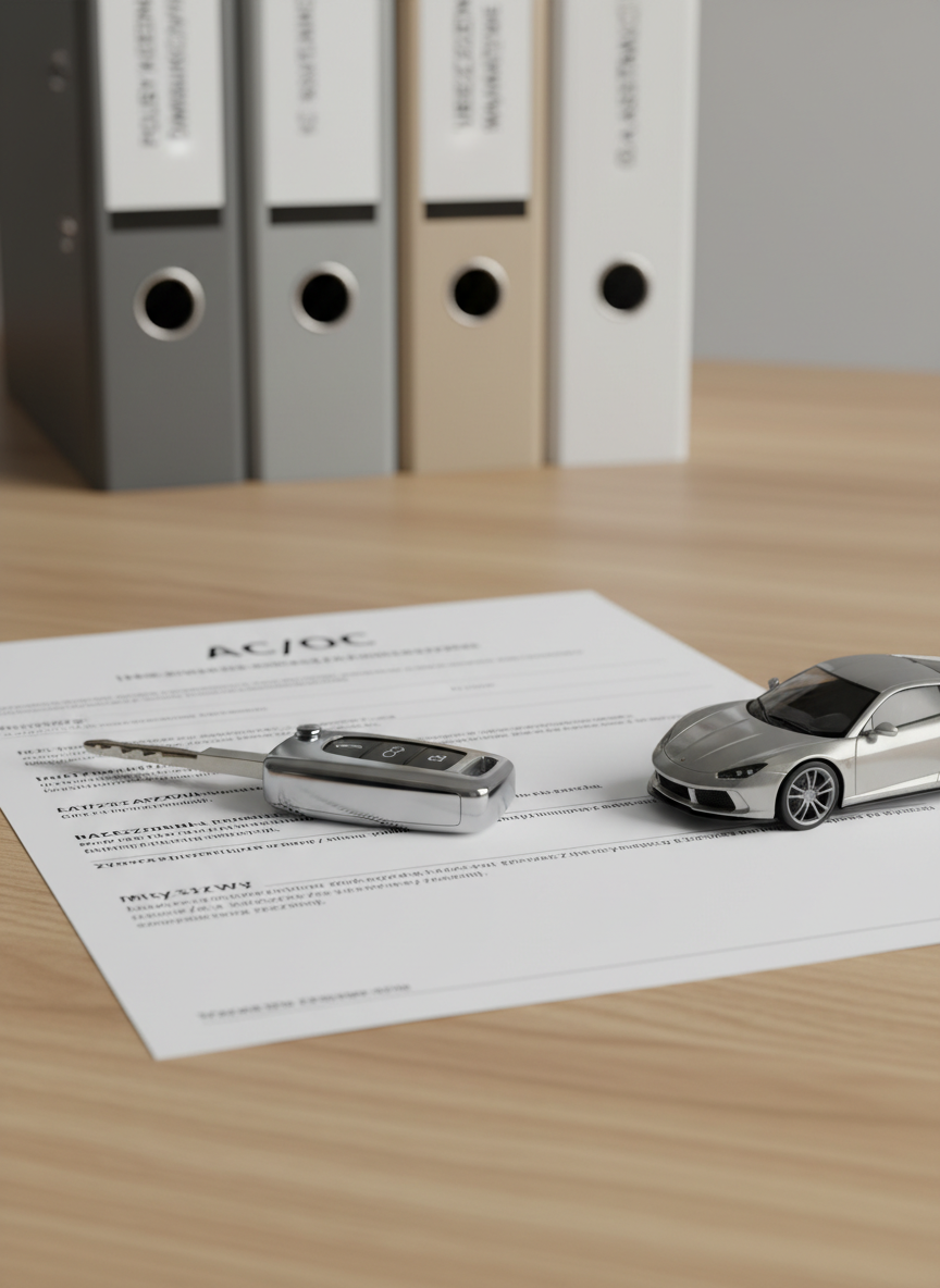 A close-up of a polished metal car key fob placed precisely on top of a printed Polish car insurance document labeled AC/OC, on a light oak desk. Beside it lies a miniature, highly detailed silver car model with a glossy finish, reflecting the soft overhead office lighting. In the background, slightly out of focus, stand upright binders in neutral tones labeled with different policy types. The scene is shot at a slight angle with shallow depth of field, creating a focused, professional atmosphere. Photographic realism with clean, modern styling conveys security, reliability, and comprehensive motor insurance coverage.