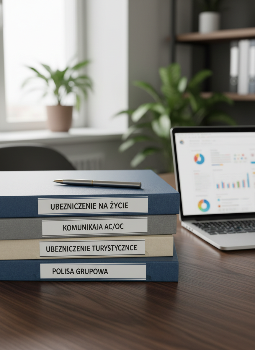A neatly arranged stack of various insurance policy folders labeled in Polish, such as life, communication AC/OC, group, and travel, lies on a smooth, dark wooden office desk. A sleek silver pen rests diagonally across the top folder, next to a modern laptop displaying a blurred financial dashboard. Soft daylight filters through a large window out of frame, casting gentle, natural reflections on the glossy folder covers. The mood is professional and reassuring, with a clean, modern corporate aesthetic. Photographic realism, eye-level composition, sharp focus on the folders with a subtly blurred background to create depth, emphasizing order, clarity, and trust in financial and insurance planning.