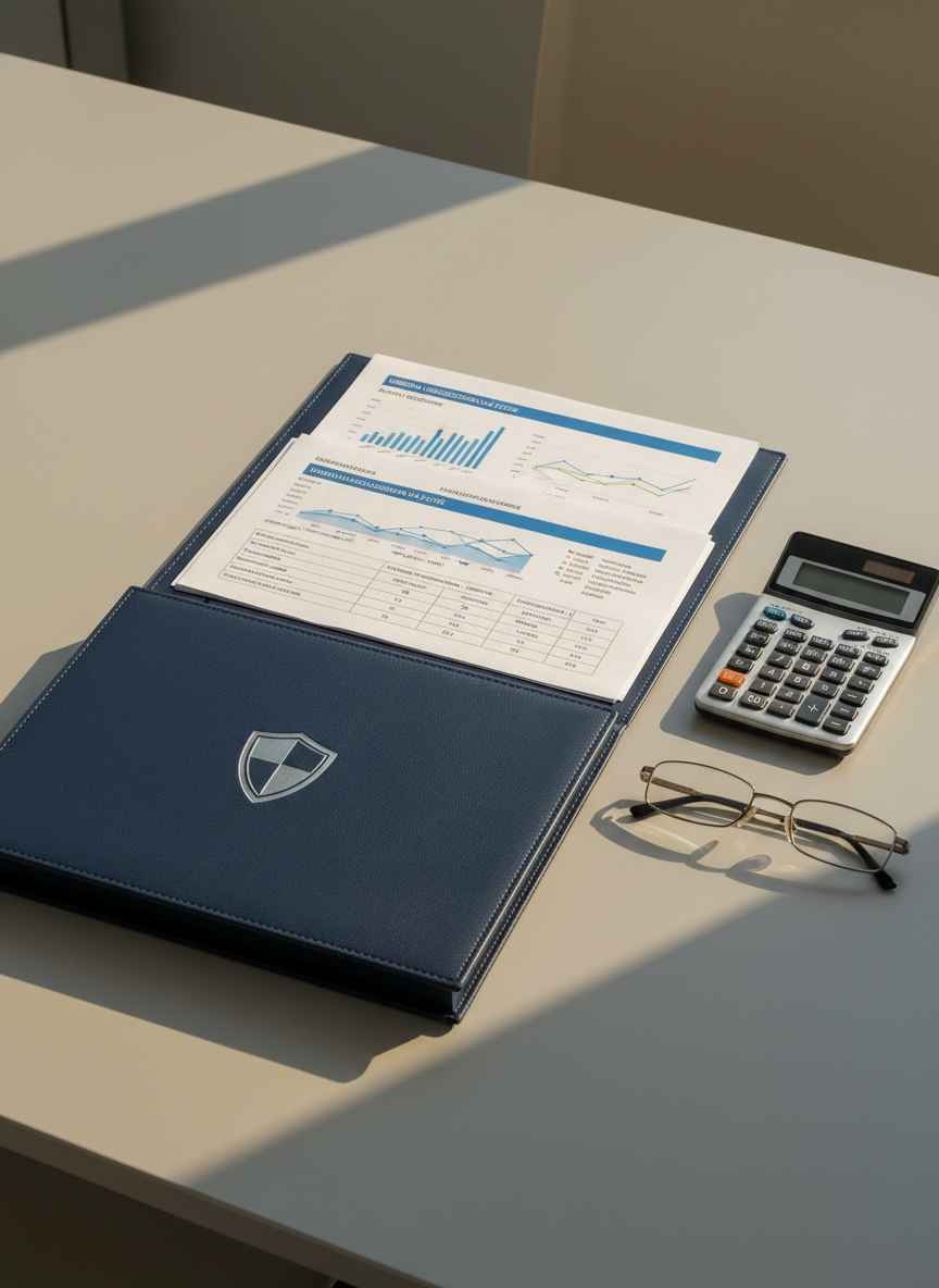 An elegant, dark-blue insurance folder embossed with a subtle shield icon rests on a light gray office table, partially open to reveal neatly arranged life insurance documents in Polish with clear graphs and coverage tables. A premium-looking calculator and a pair of thin-rimmed reading glasses lie nearby, aligned carefully. Soft, diffused afternoon light from an unseen window illuminates the papers, creating gentle shadows and a calm, focused atmosphere. The composition follows the rule of thirds with the folder as the main anchor, captured from a slightly elevated angle in photographic realism, evoking professionalism, long-term planning, and financial security for life and family.